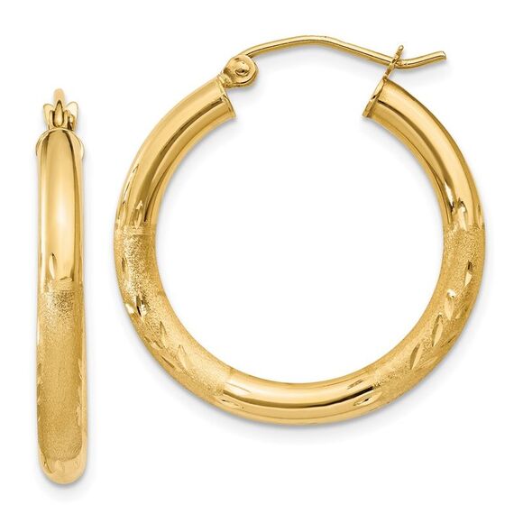 10k Yellow Gold Satin & Diamond-cut 3mm Round Hoop Earrings